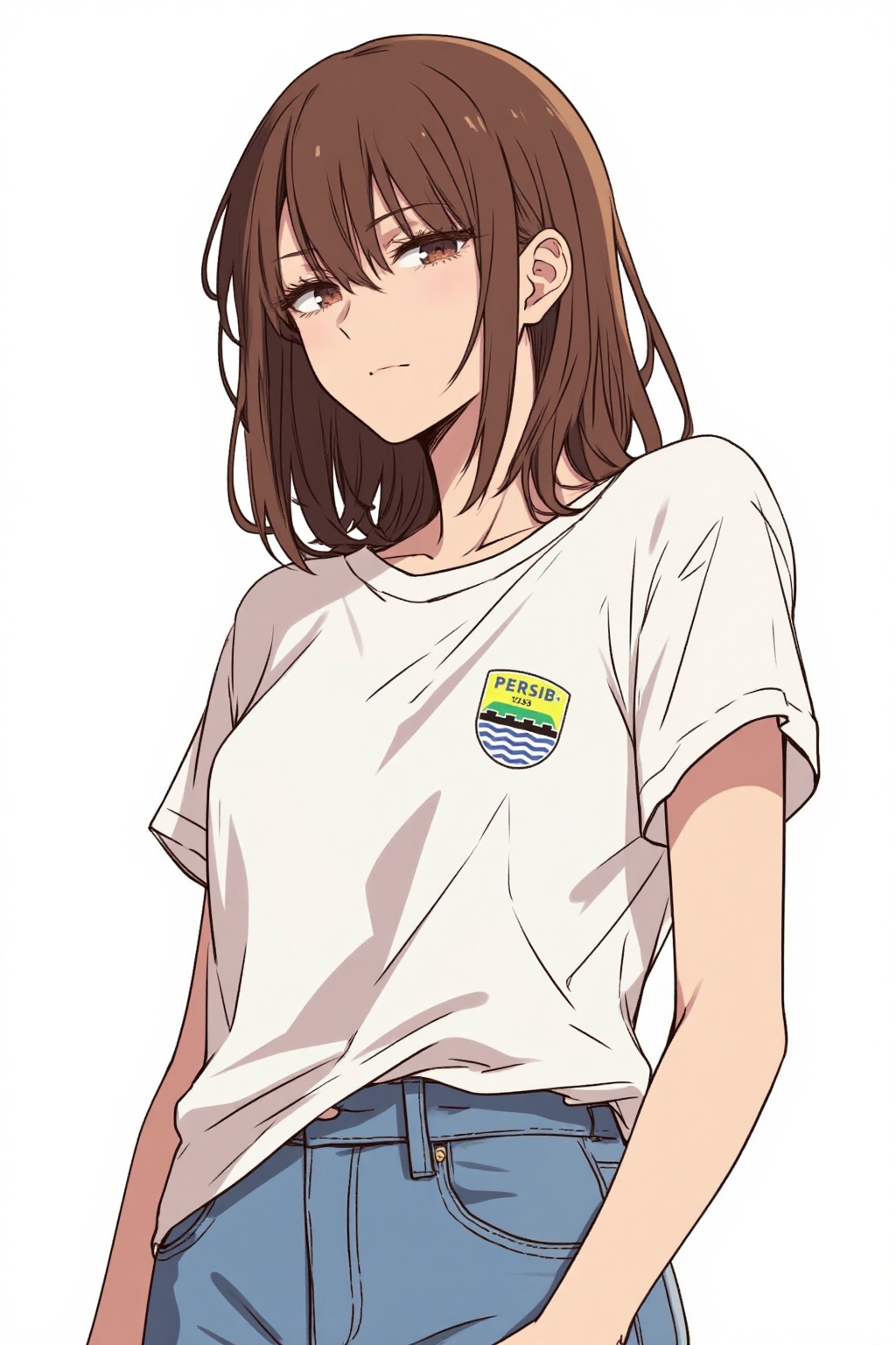anime_style drawing anime of a asian woman,  wear a white t shirt and blue jeans. The t shirt has a pers1b logo on the fro...