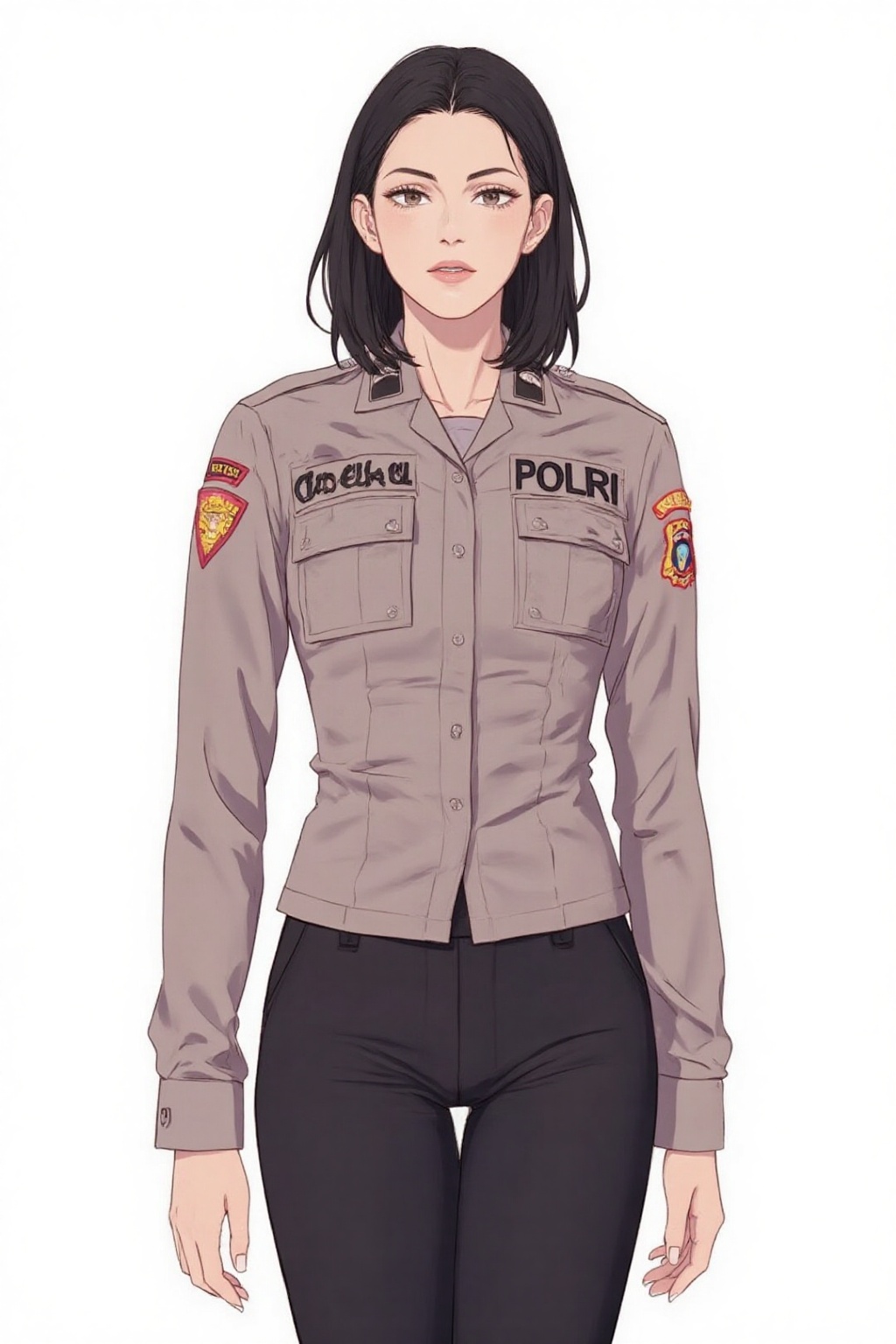 anime_style,  drawing anime of angelina jolie stand in white background wearing a long-sleeved polr1 police uniform,  tuck...