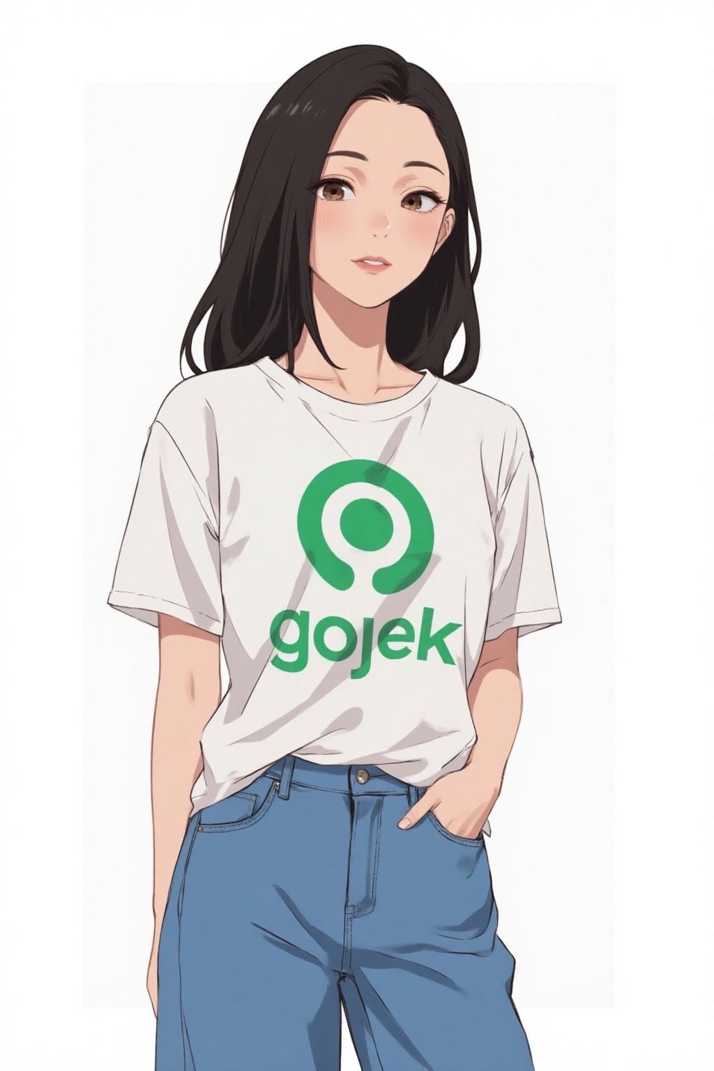 anime_style drawing anime of a asian woman wear a white t shirt and blue jeans. The t shirt has a green g0jekl0go on the f...