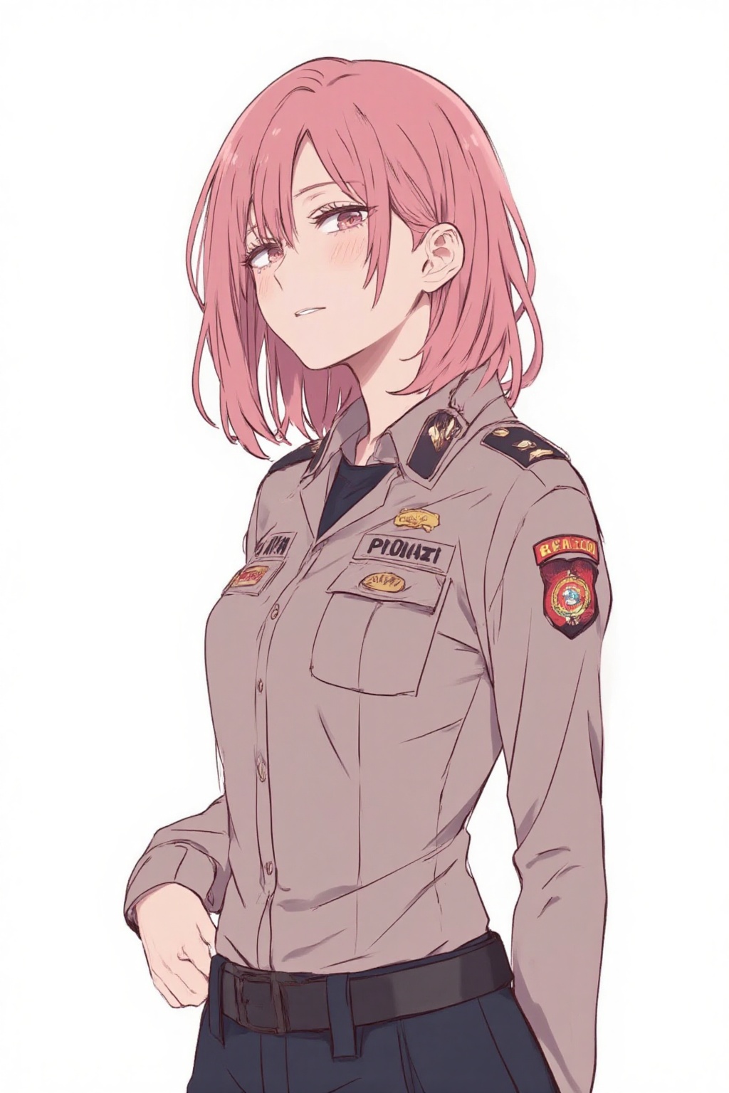 anime_style drawing anime of pink haired girl stand in white background wearing a long-sleeved polr1 police uniform,  tuck...