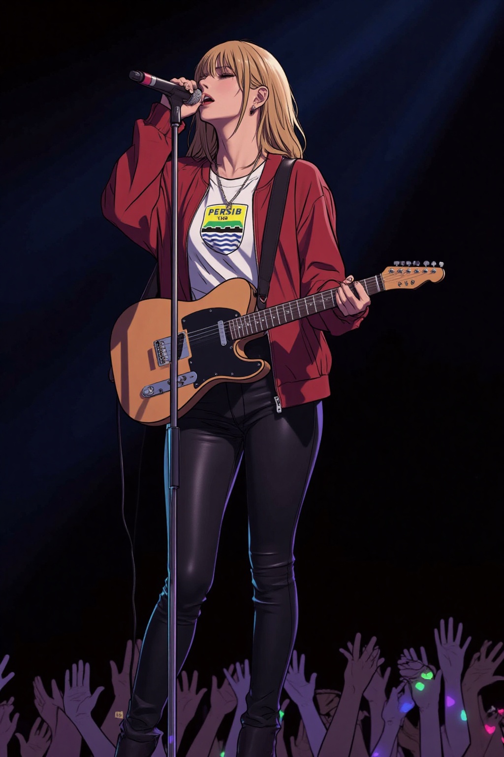 anime_style drawing anime of taylor Swift playing guitar while singing into a microphone,  wearing a striking black leathe...
