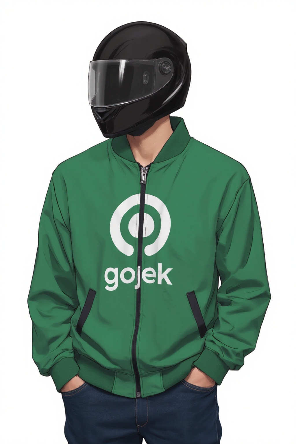 anime_style drawing anime of a man with helmet wear a green jacket and blue jeans. The jacket has a white g0jekl0go on the...