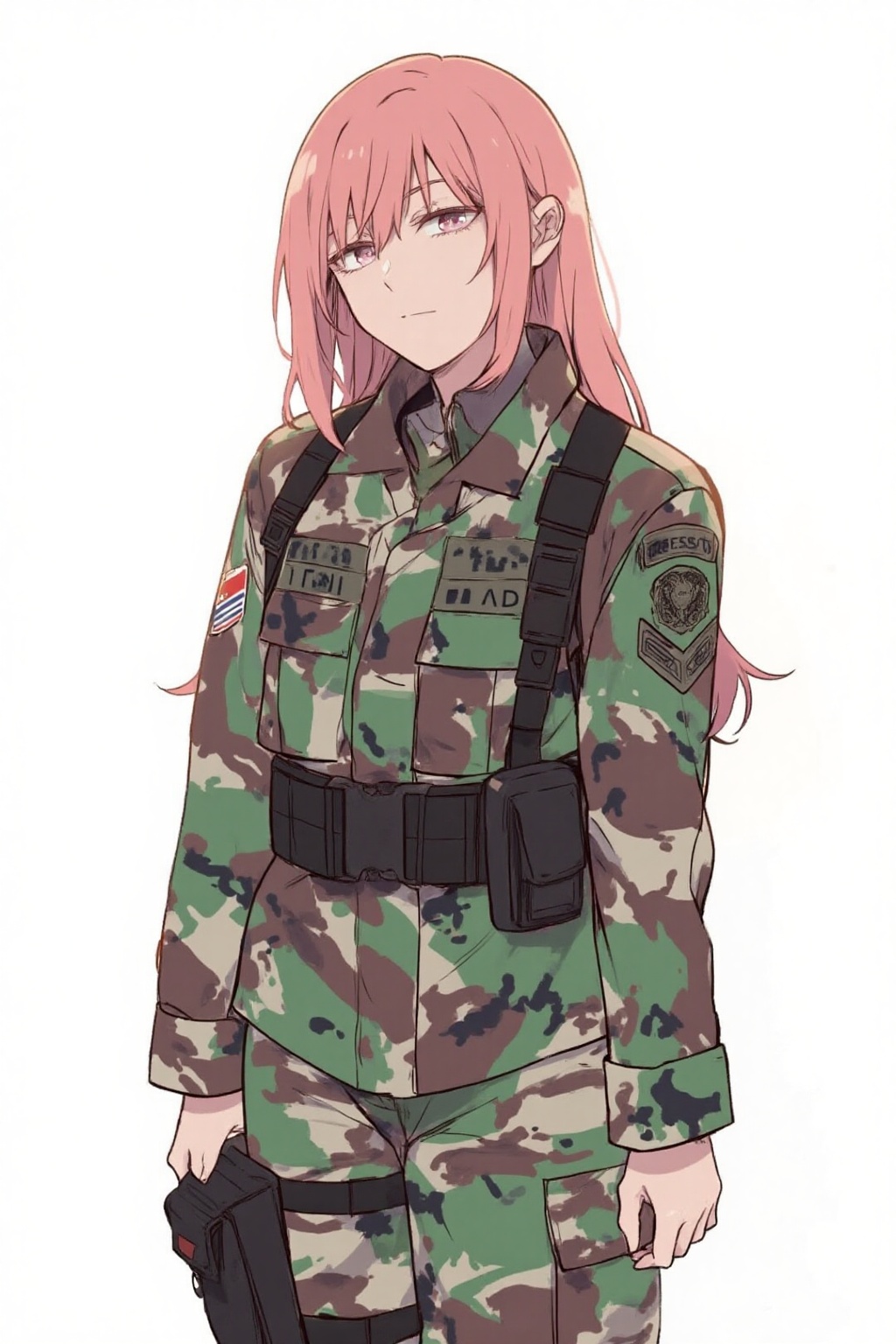 anime_style drawing anime of pink haired girl stand in the stark white backdrop wearing TNI uniform,  adorned with a patch...