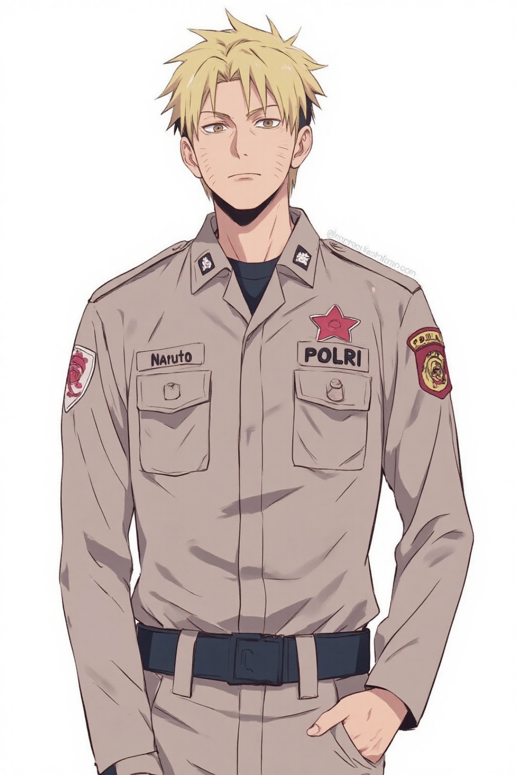 anime_style drawing anime of naruto uzumaki stand in white background wearing a long-sleeved polr1 police uniform,  tucked...