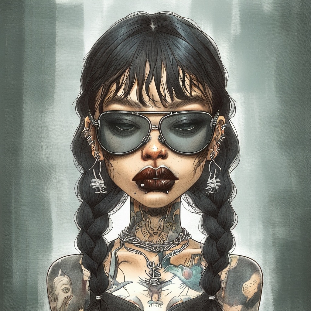 caricature_style drawing caricature 1girl solo long hair black hair jewelry braid earrings glasses teeth necklace twin bra...