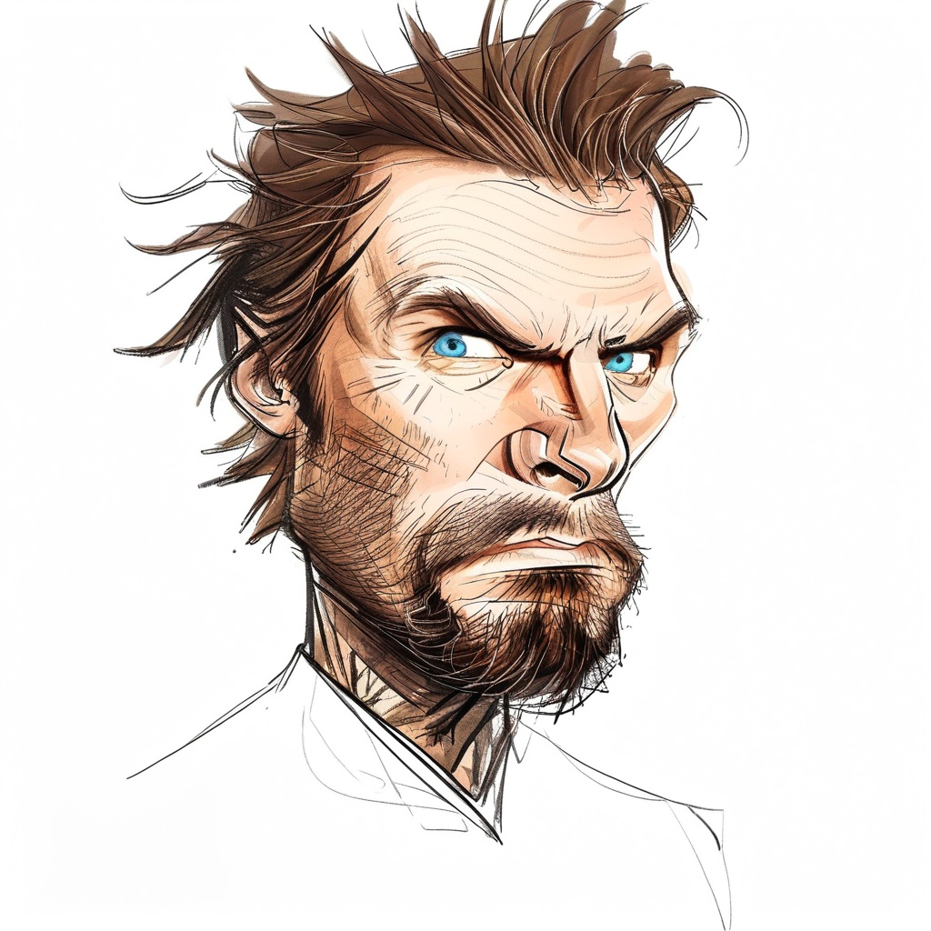 caricature_style drawing caricature solo blue eyes simple background brown hair 1boy white background male focus facial ha...