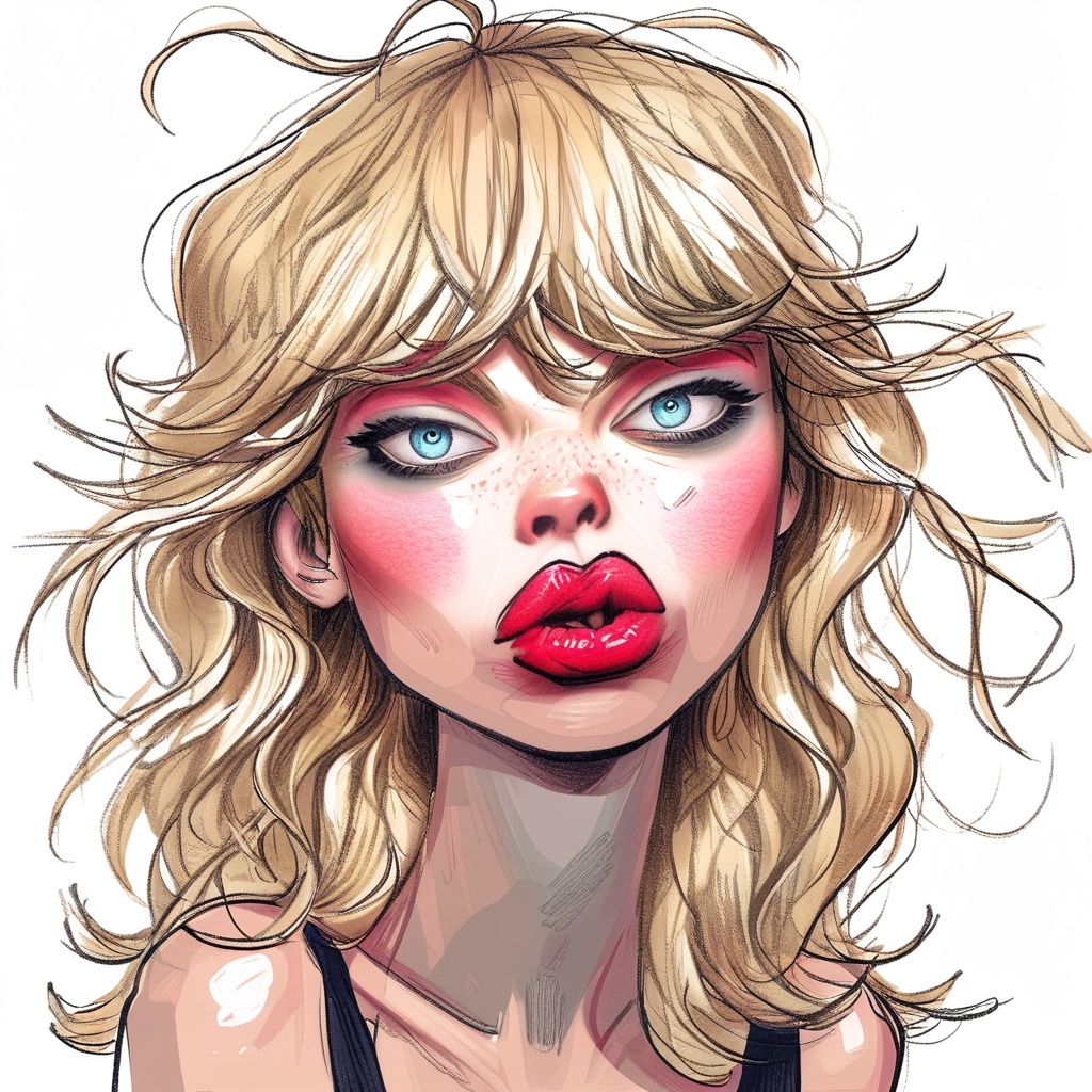 caricature_style drawing caricature 1girl solo long hair blush blue eyes blonde hair simple background white background li...