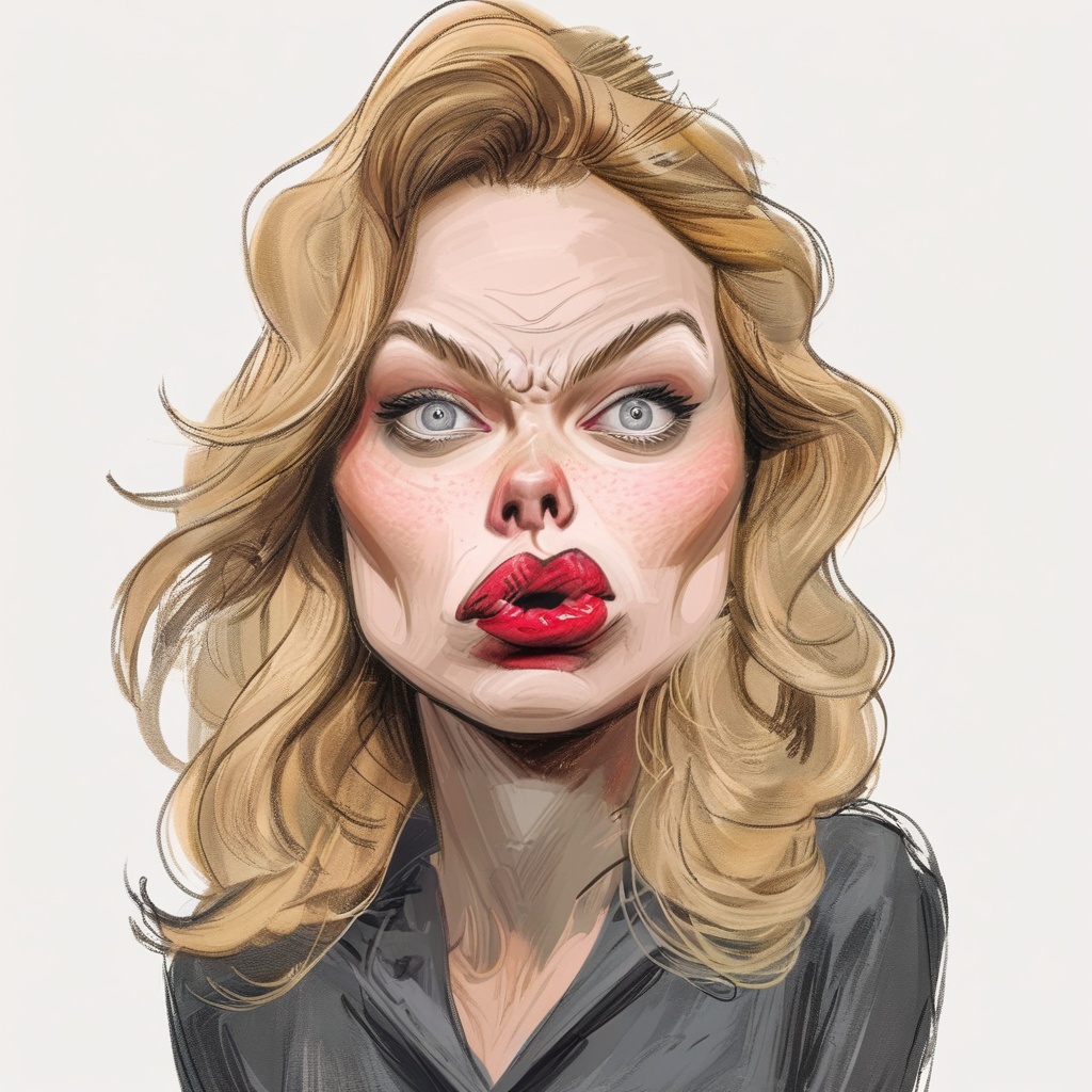 caricature_style drawing caricature 1girl solo long hair blue eyes blonde hair simple background brown hair white backgrou...