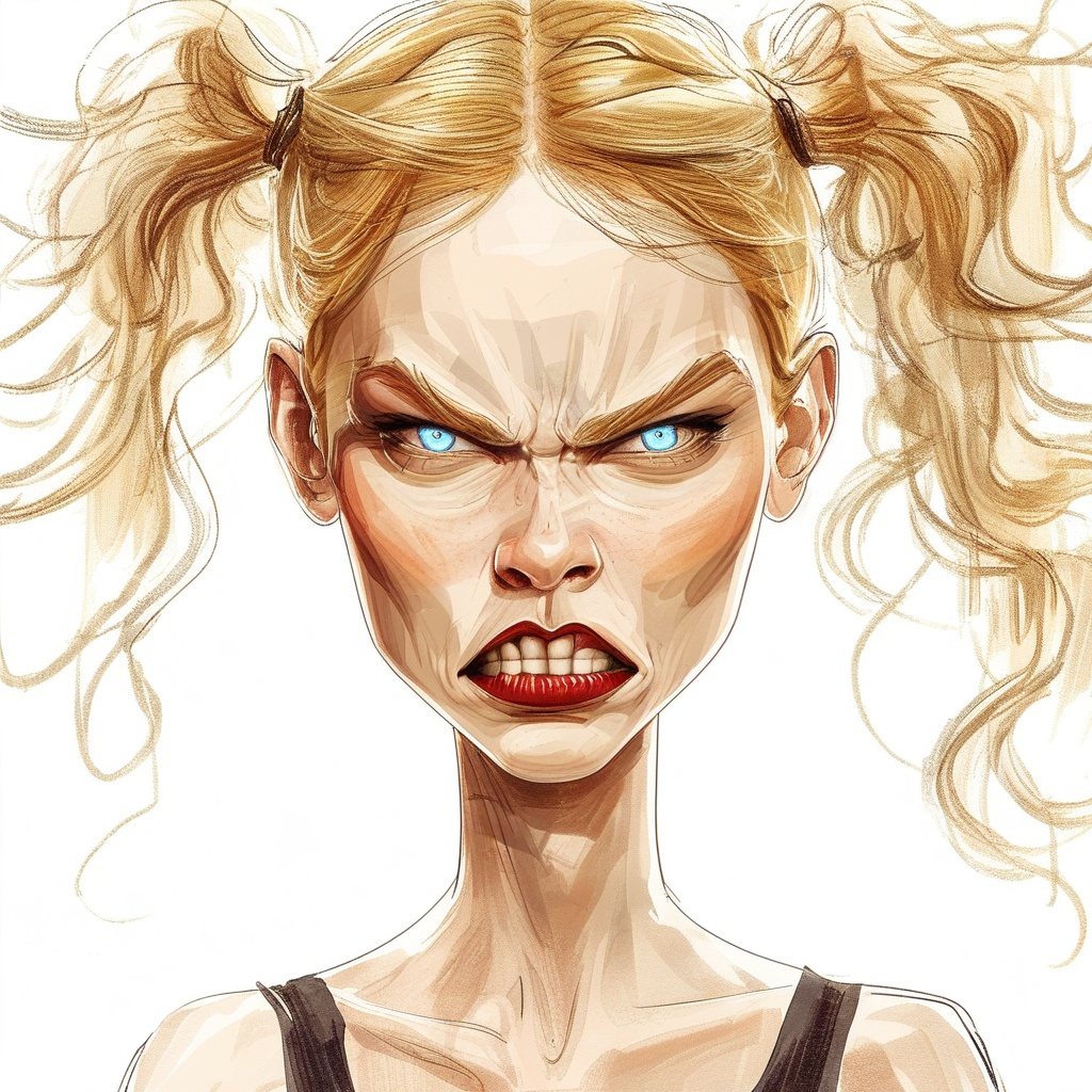 caricature_style drawing caricature 1girl solo blue eyes blonde hair white background teeth sketch lips clenched teeth por...
