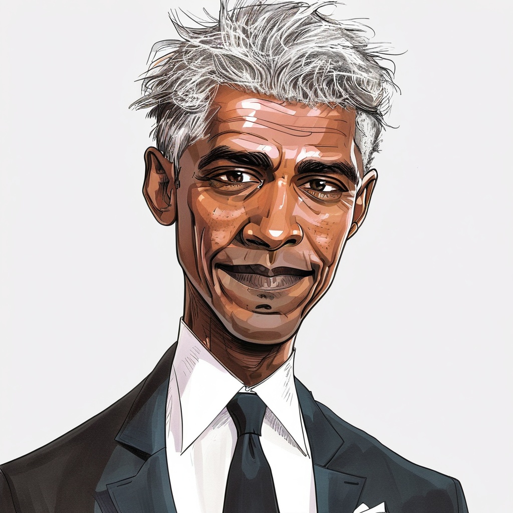 caricature_style drawing caricature solo looking at viewer smile simple background shirt white hair 1boy white background...
