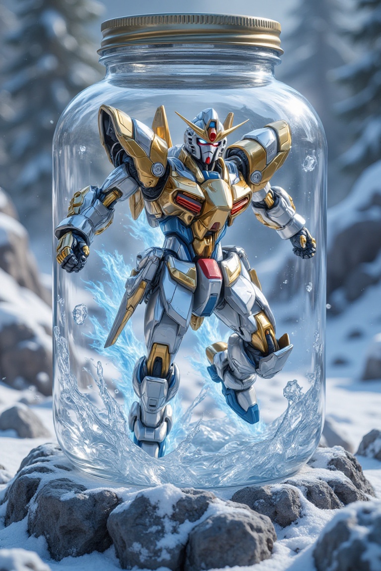 A cracked glass jar,  Jar kept on RIME ICE snowy Rock,  Meticulously crafted on Tensor.Art