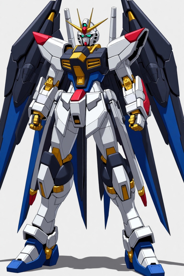 "Behold a towering mechanized warrior,  an embodiment of steel and majesty: the Gundam. Its sleek frame dominates the scen...