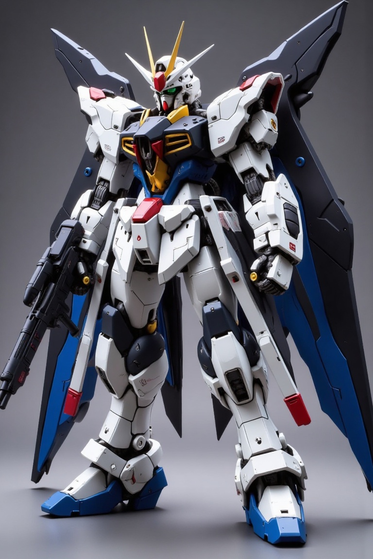 "Behold a towering mechanized warrior,  an embodiment of steel and majesty: the Gundam. Its sleek frame dominates the scen...