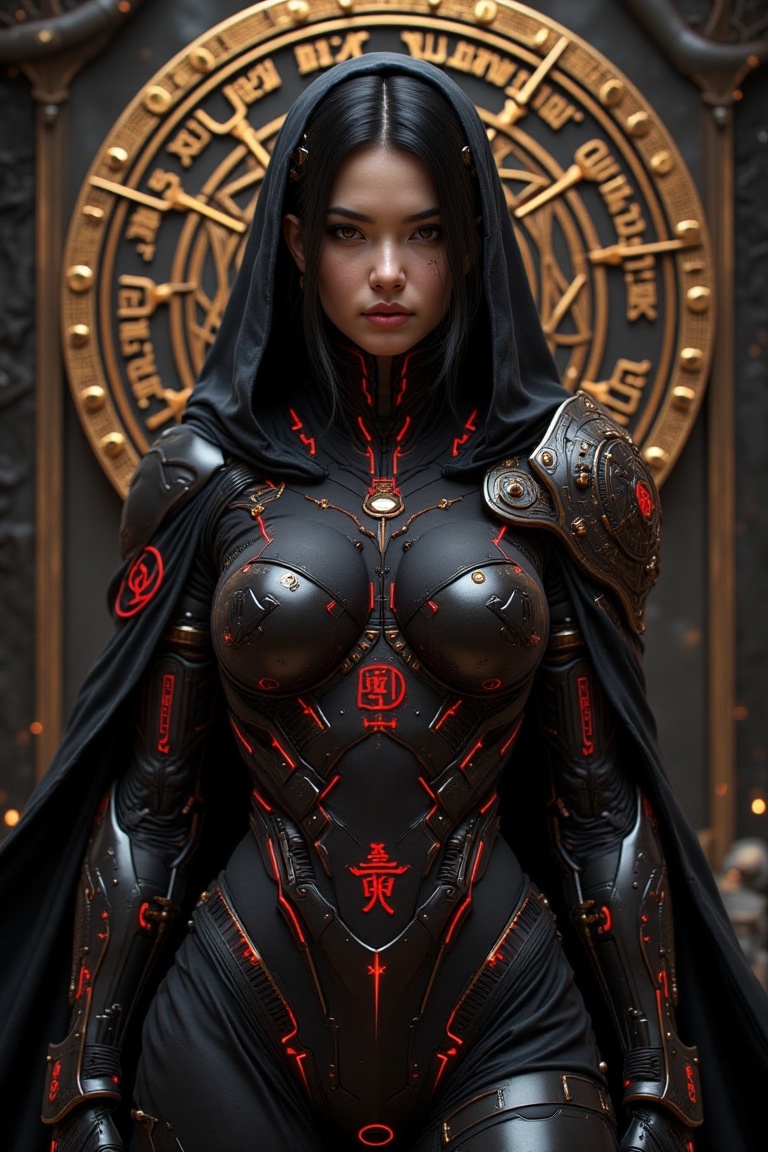 A striking fusion of futuristic cybernetics and traditional aesthetics comes to life in this commanding figure. The centra...