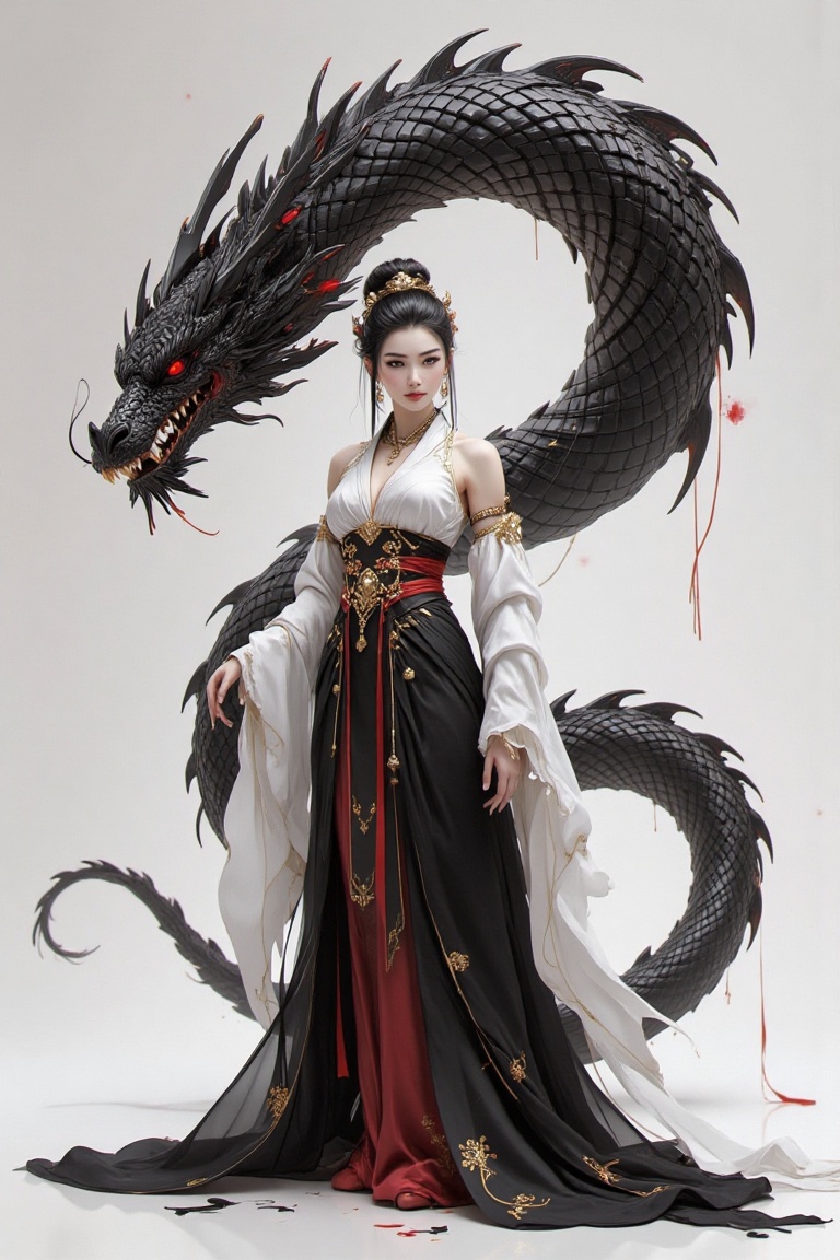 A 𝐃𝐨𝐧𝐠𝐡𝐮𝐚-𝐒𝐭𝐲𝐥𝐞 regal figure stands elegantly amidst a minimalist white background,  her aura imbued with an e...
