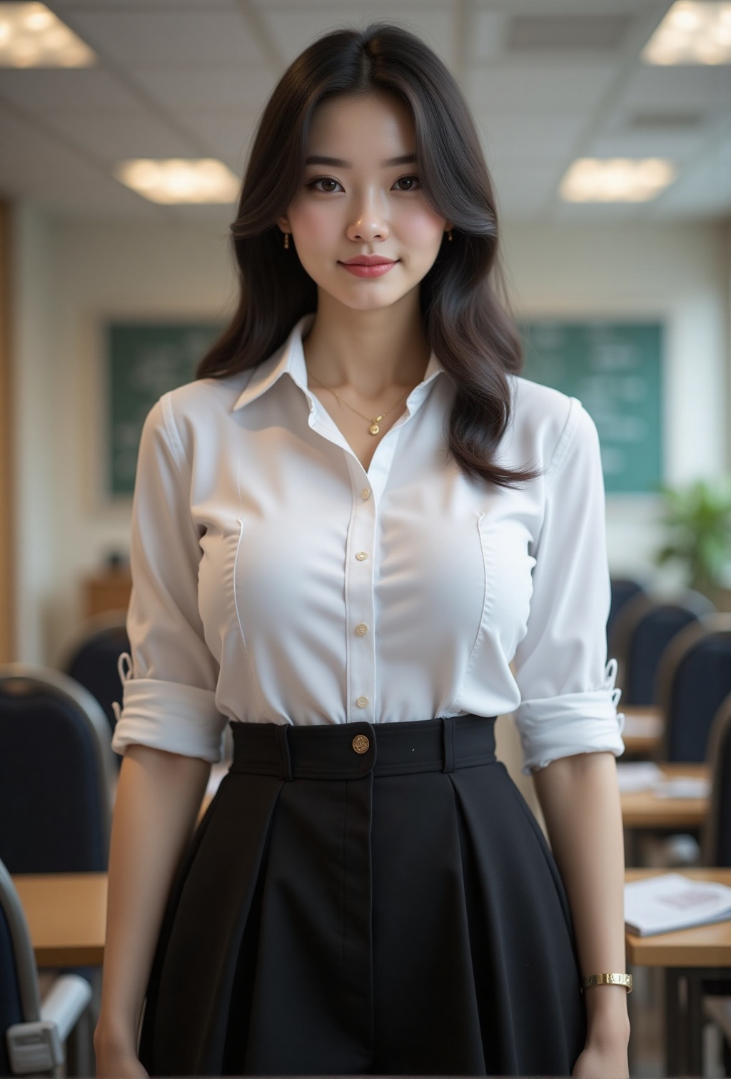 a woman in a white shirt and black skirt,  classroom,  realistic body shape on Tensor.Art