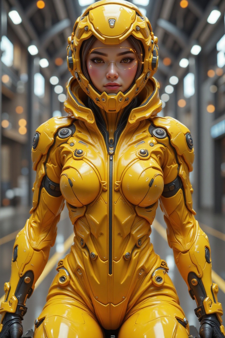 a woman sitting on top of a motorcycle wearing a helmet,  3 d character art,  yellow space suit on Tensor.Art