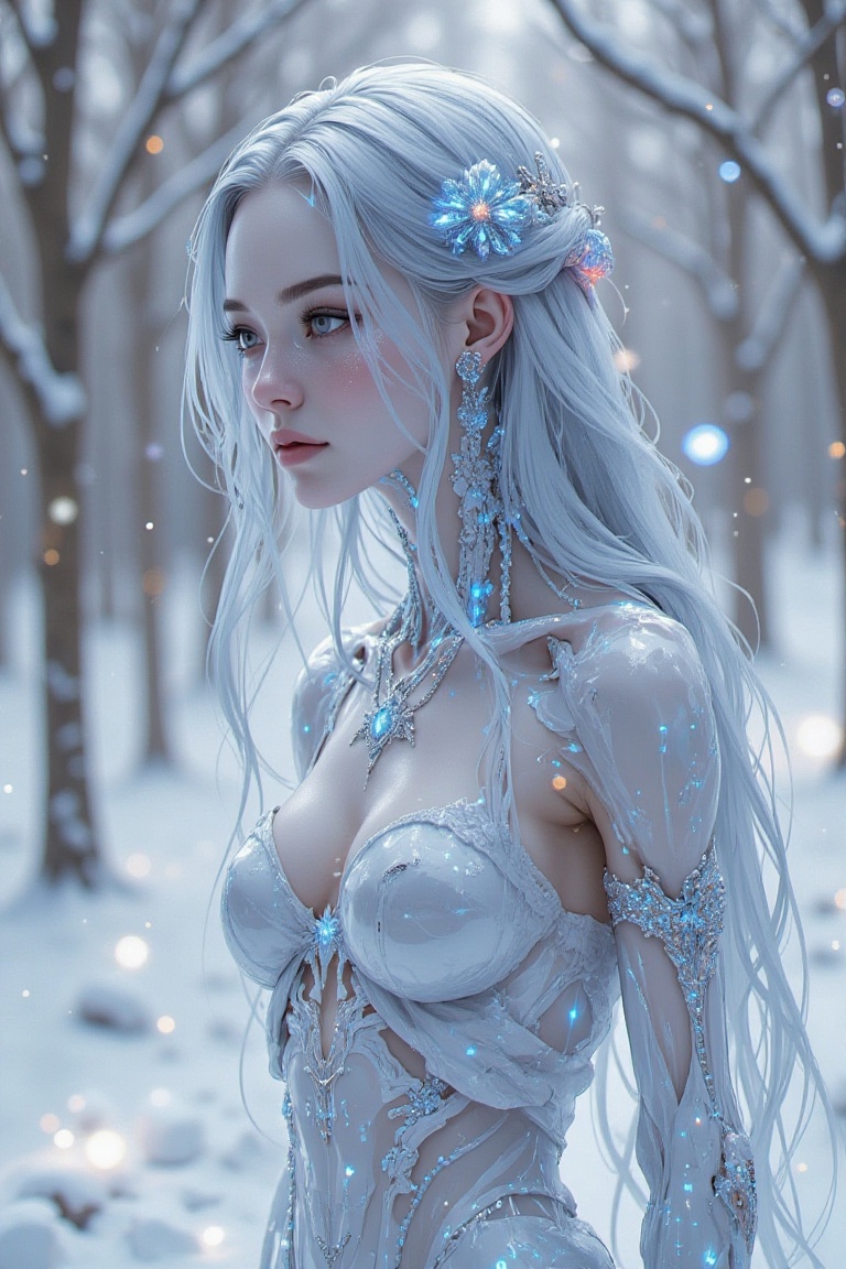 A series of enchanting drawings featuring skeleton with long,  silver hair that sparkles like platinum and crystal,  the s...