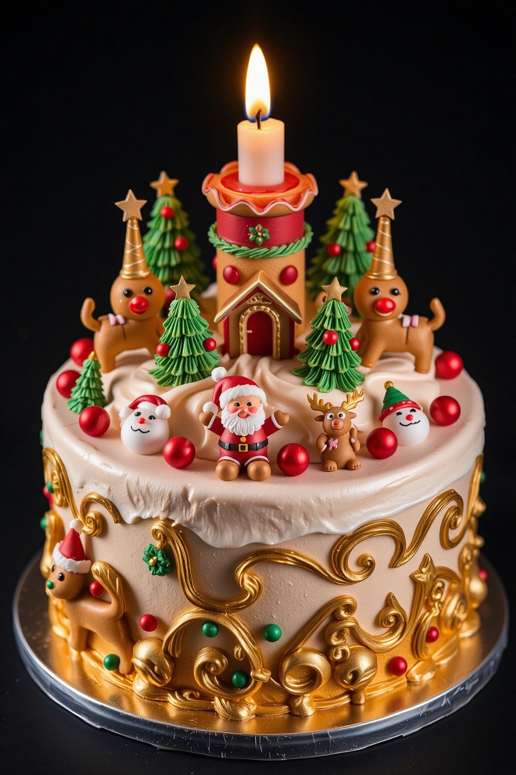 A beautifully crafted Christmas cake adorned with gingerbread,  Christmas trees,  Santa Claus on Tensor.Art