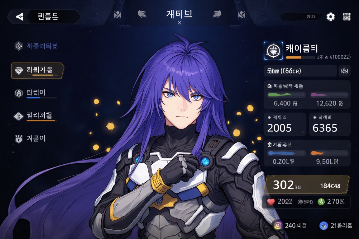 Character_UI,  Digital anime-style drawing of a purple-haired,  blue-eyed young man with a serious expression on Tensor.Art