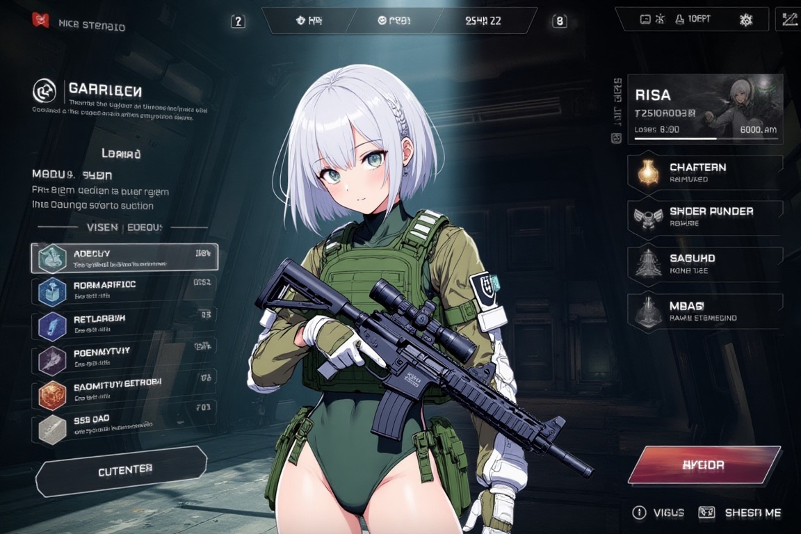 character_UI,  Digital anime-style drawing of a white-haired,  green-clad female soldier holding a rifle on Tensor.Art