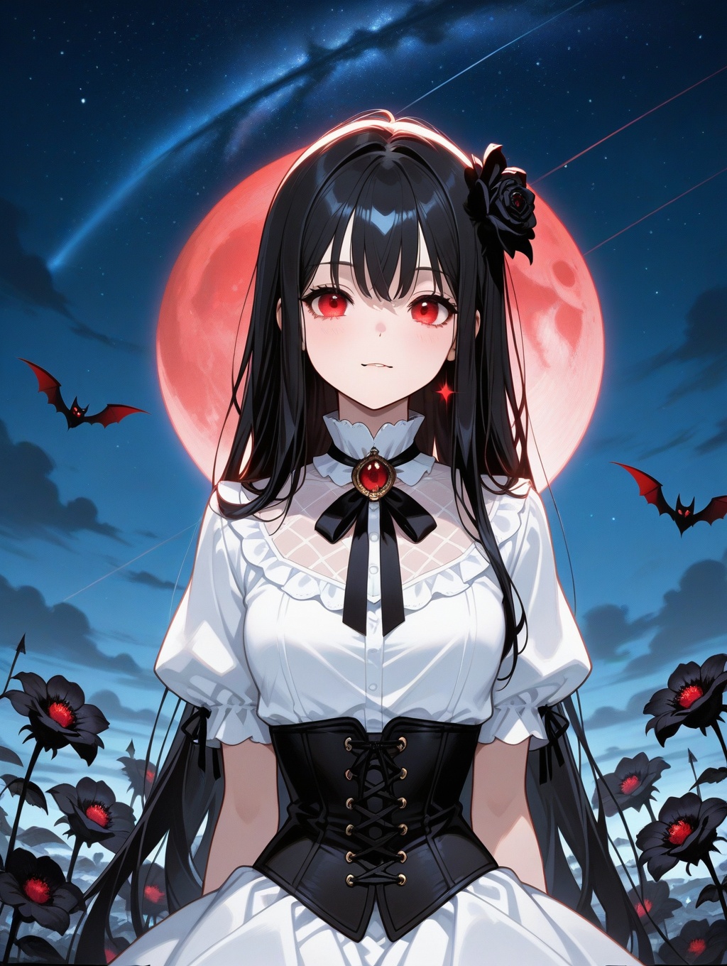 An animated image of a vampire girl with long black hair and red eyes. She is wearing a white dress with a black corset ar...