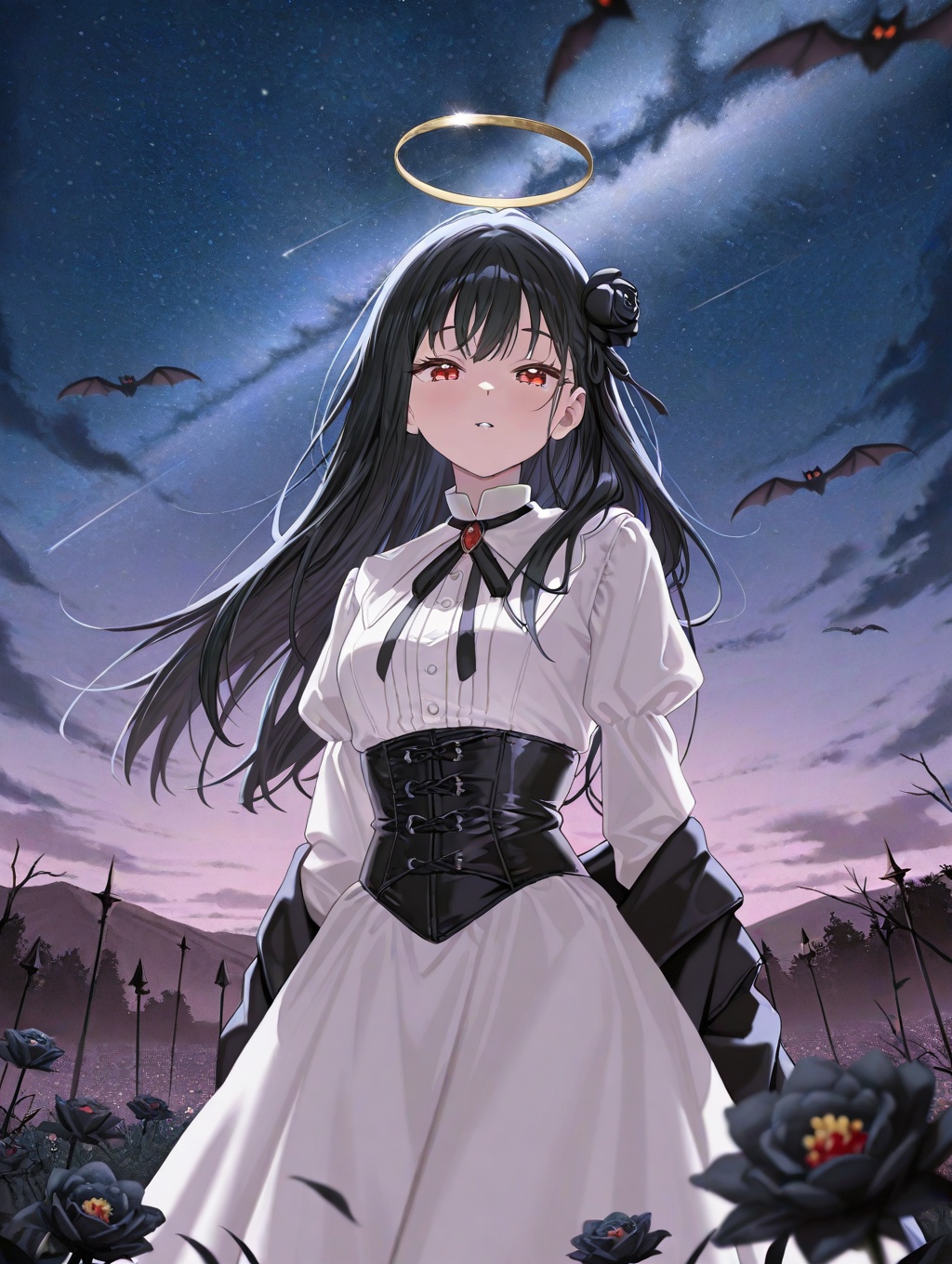 An animated image of a vampire girl with long black hair and red eyes. She is wearing a white dress with a black corset ar...