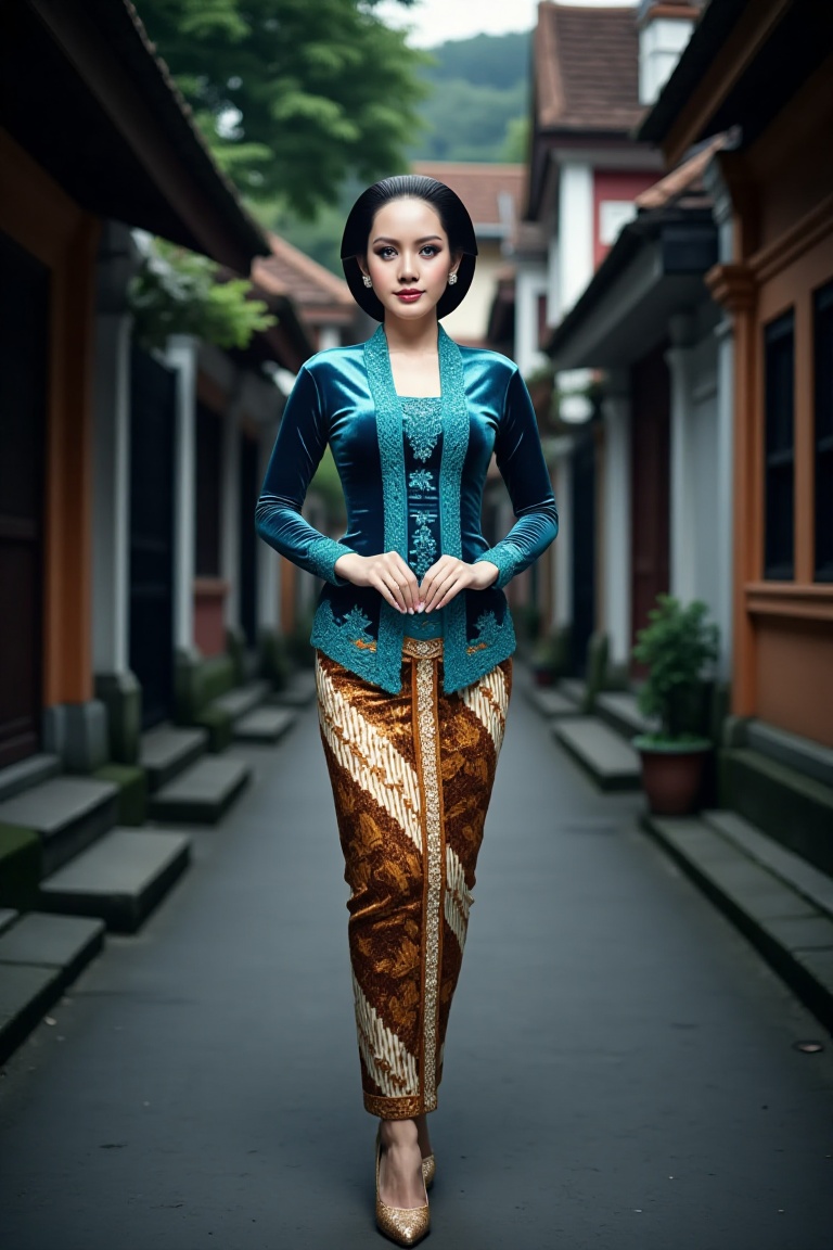 a beautiful young beautiful woman walks elegantly in a modern city setting. She is wearing an intricate sequined blue keba...
