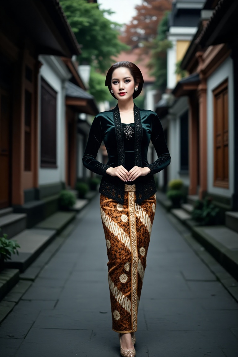 a beautiful young beautiful woman walks elegantly in a modern city setting. She is wearing an intricate sequined black keb...