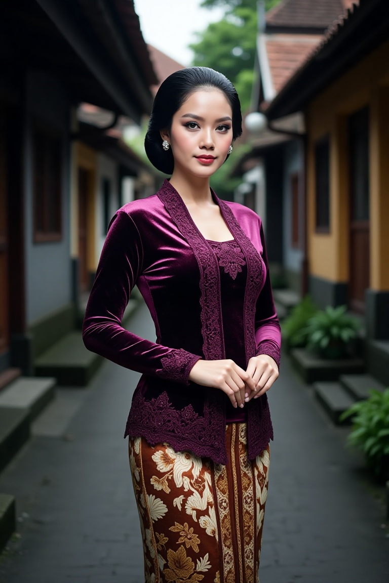 a beautiful young beautiful woman standing elegantly in a traditional Javanese country setting. She is wearing an intricat...