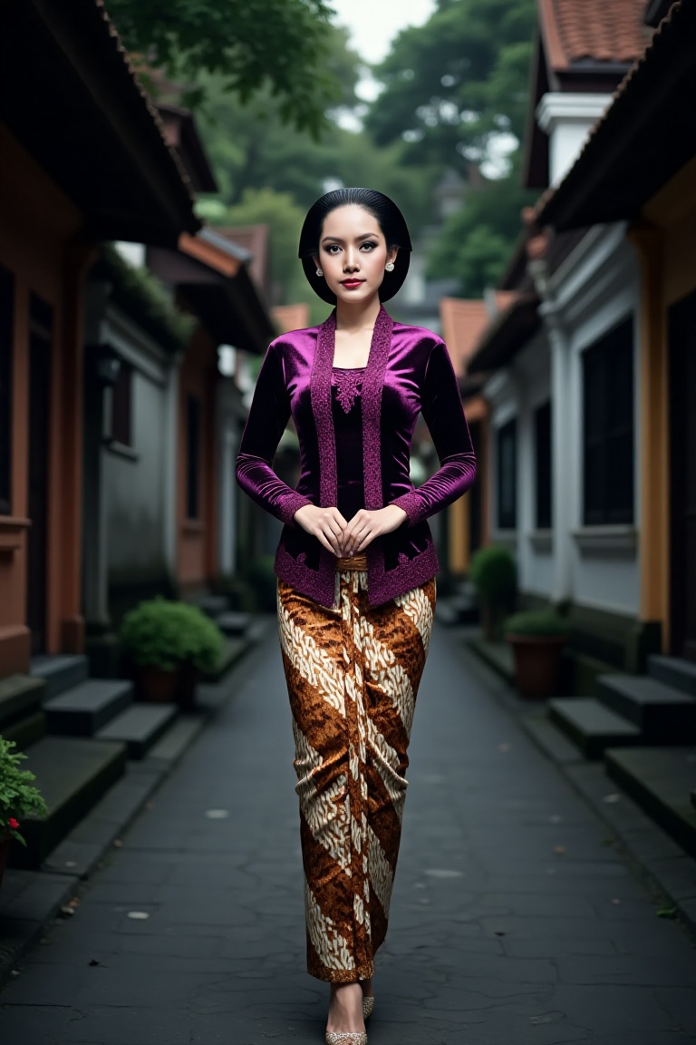 a beautiful young beautiful woman walks elegantly in a traditional Javanese village setting. She is wearing an intricate d...