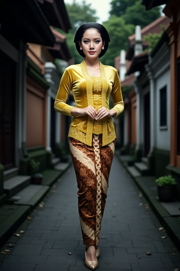 a beautiful young beautiful woman walks elegantly in a traditional Javanese village setting. She is wearing an intricate s...