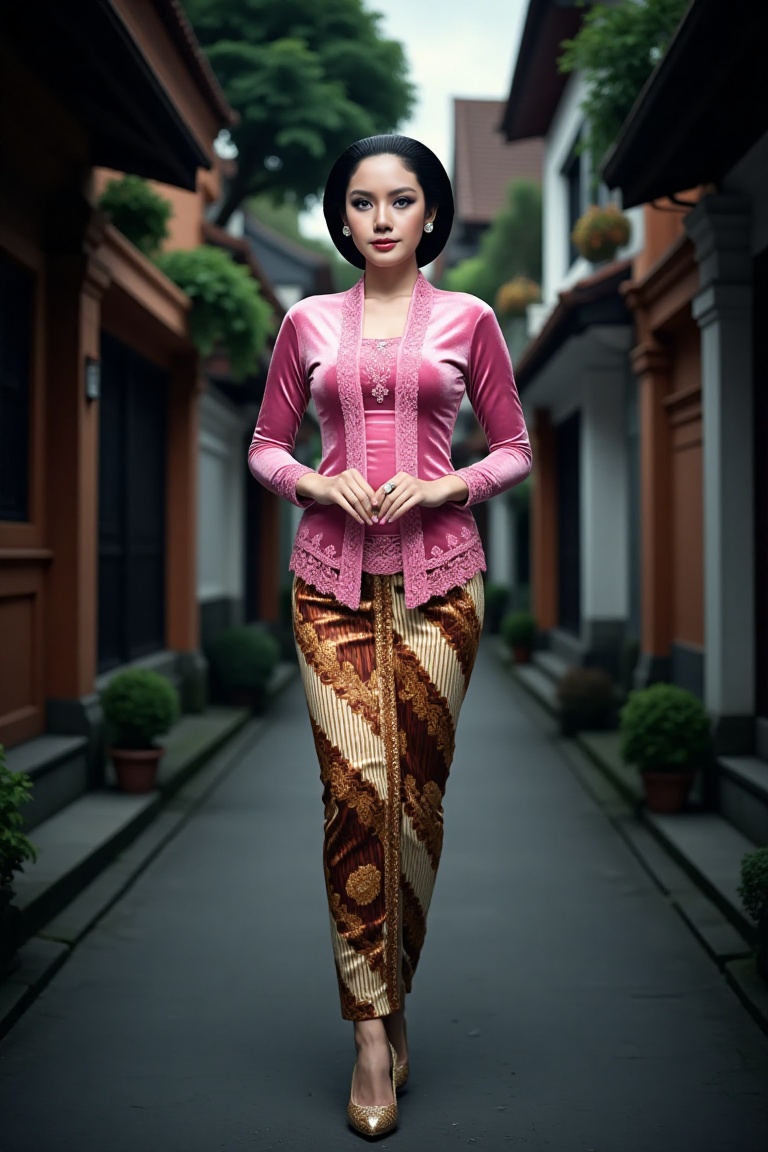 a beautiful young beautiful woman walks confidently in a night modern city setting. She is wearing an intricate sequined p...
