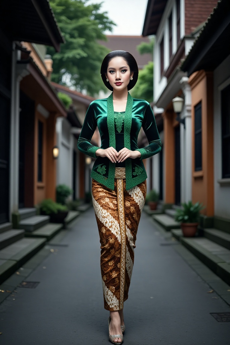 a beautiful young beautiful woman walks elegantly in a modern city setting. She is wearing an intricate sequined green keb...