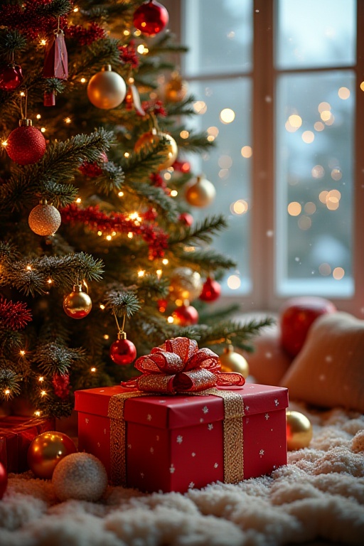 Imagine a captivating New Year 2024 scene,  featuring a grand Christmas tree adorned with vibrant ornaments,  twinkling fa...