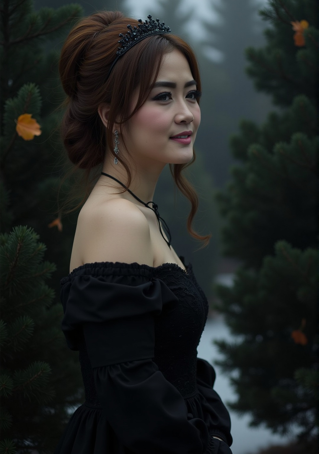 A captivating and enchanting photorealistic portrait of a woman in an elegant updo,  adorned with a dark crown or tiara. A...