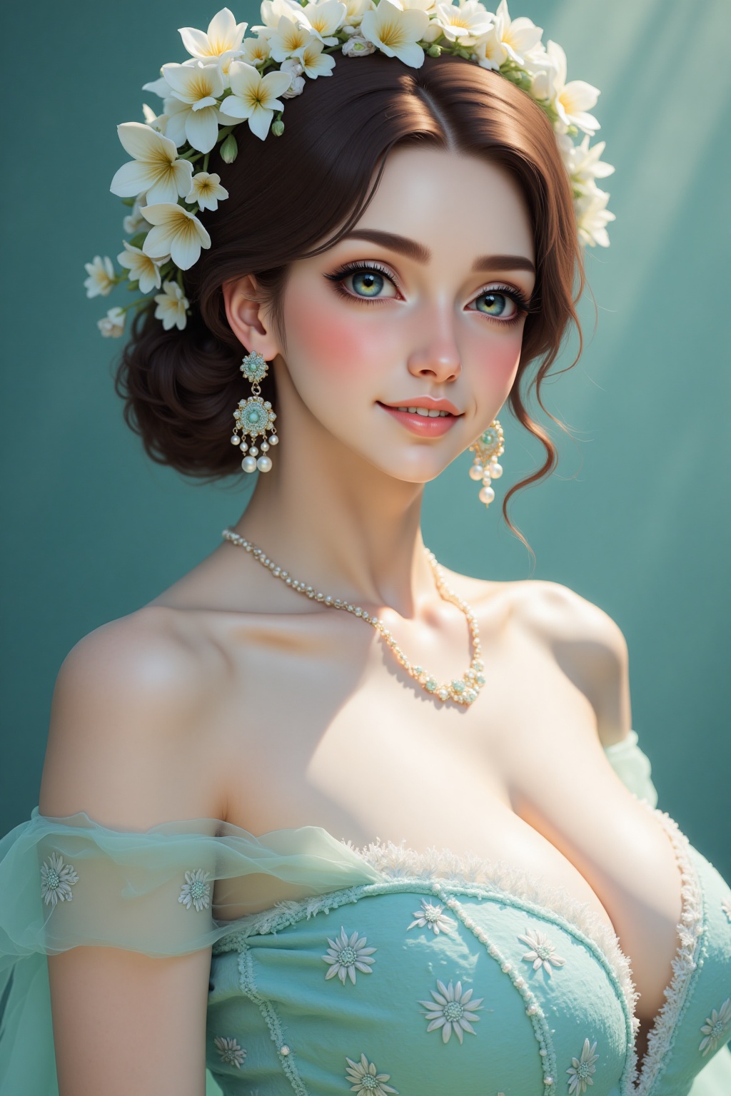 a medium-sized Asian woman is adorned with a teal strapless dress adorned with white embroidery. Her hair is styled in a w...