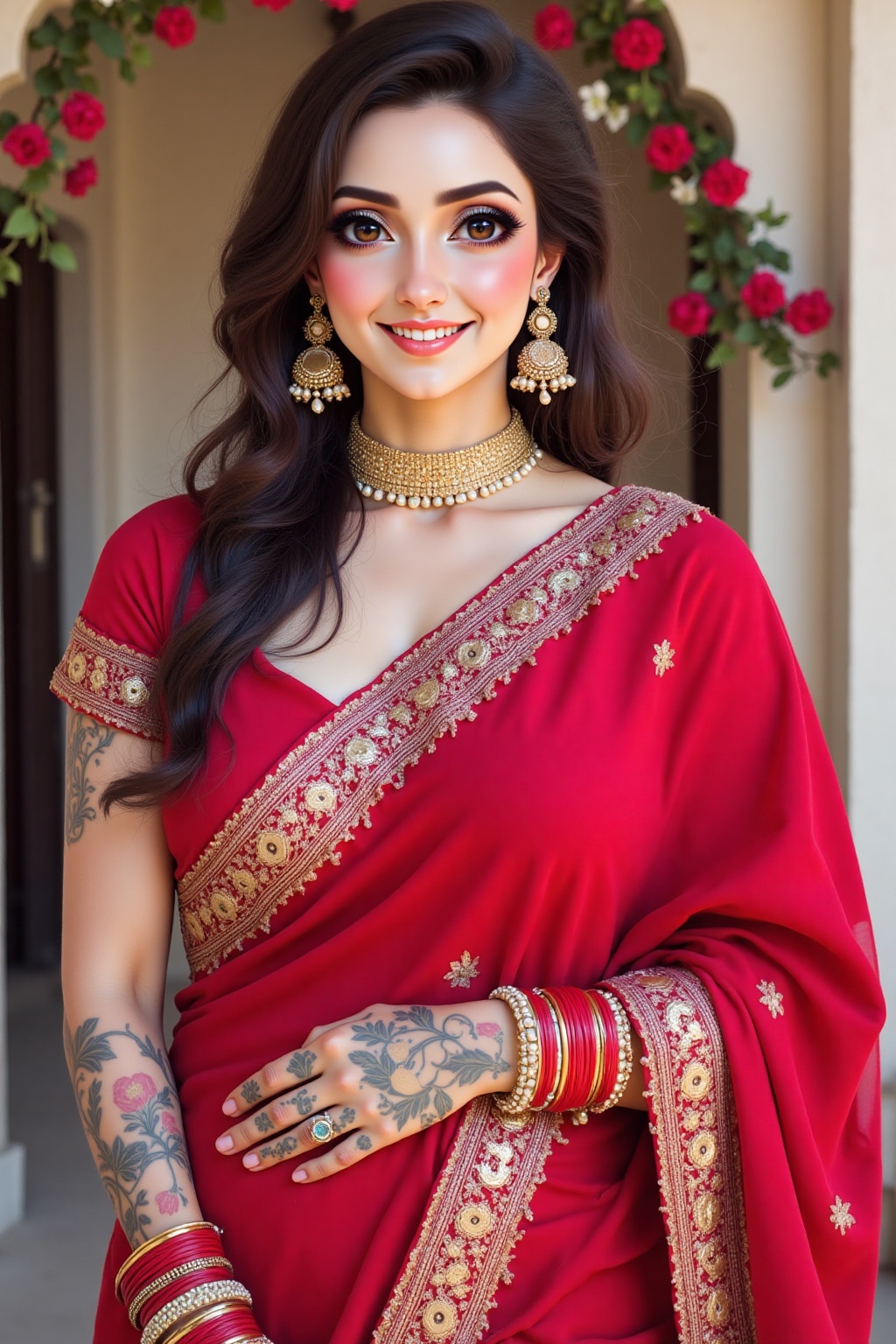 a woman dressed in a traditional red saree,  adorned with gold embroidery and a gold necklace and earrings. She is smiling...