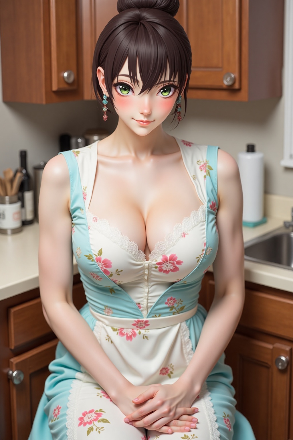 blend of a real person and anime illustration,  A 3D rendering of a female doll with dark brown hair and green eyes. She i...