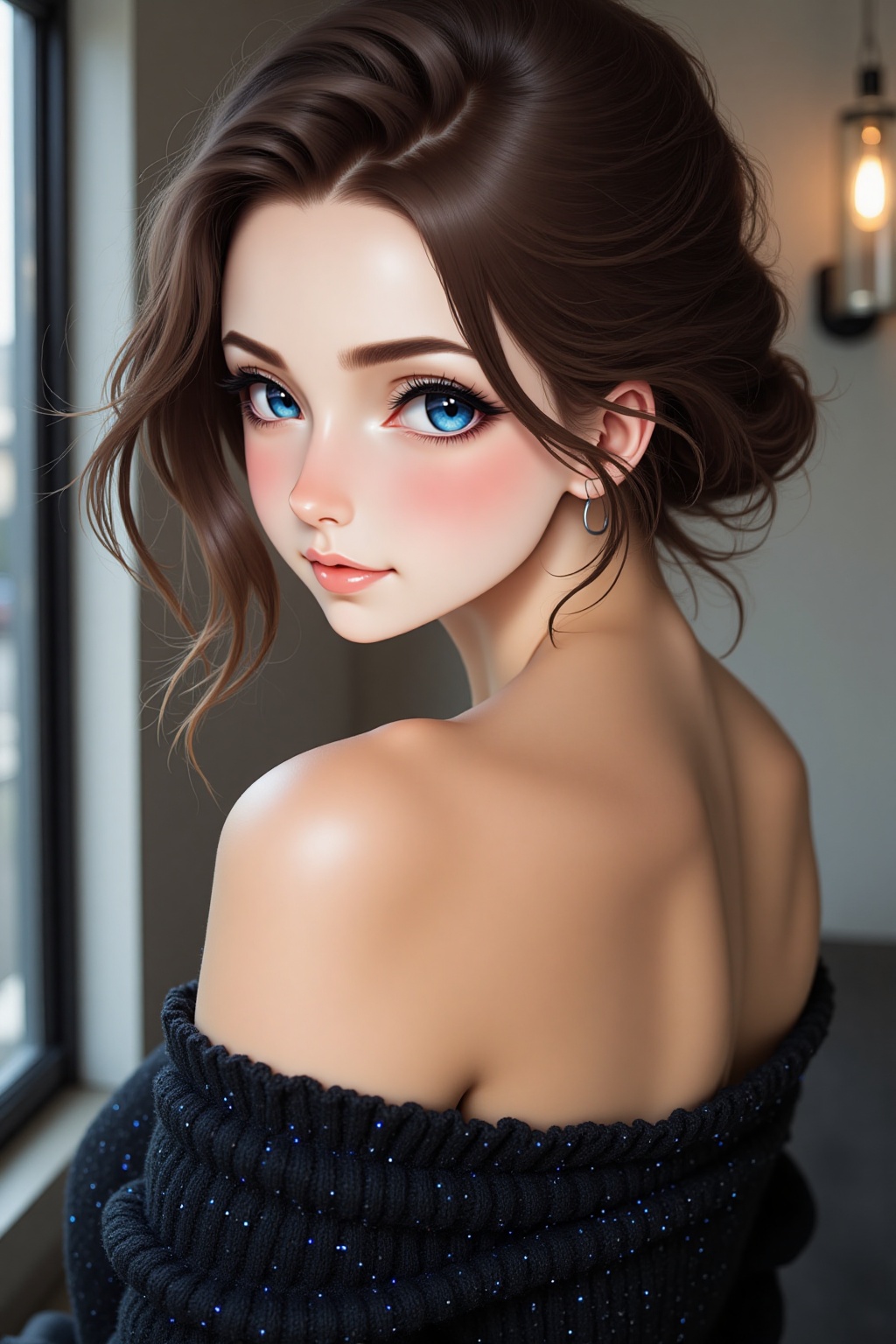 A close-up shot of a beautiful young woman with long,  wavy brown hair. She is wearing a black strapless dress with blue s...