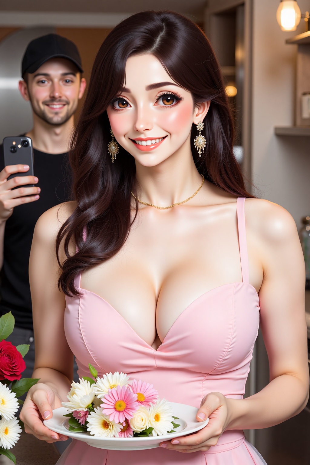 a young Asian woman,  dressed in a pink dress,  is holding a white plate with pink flowers on it. She is smiling on Tensor...
