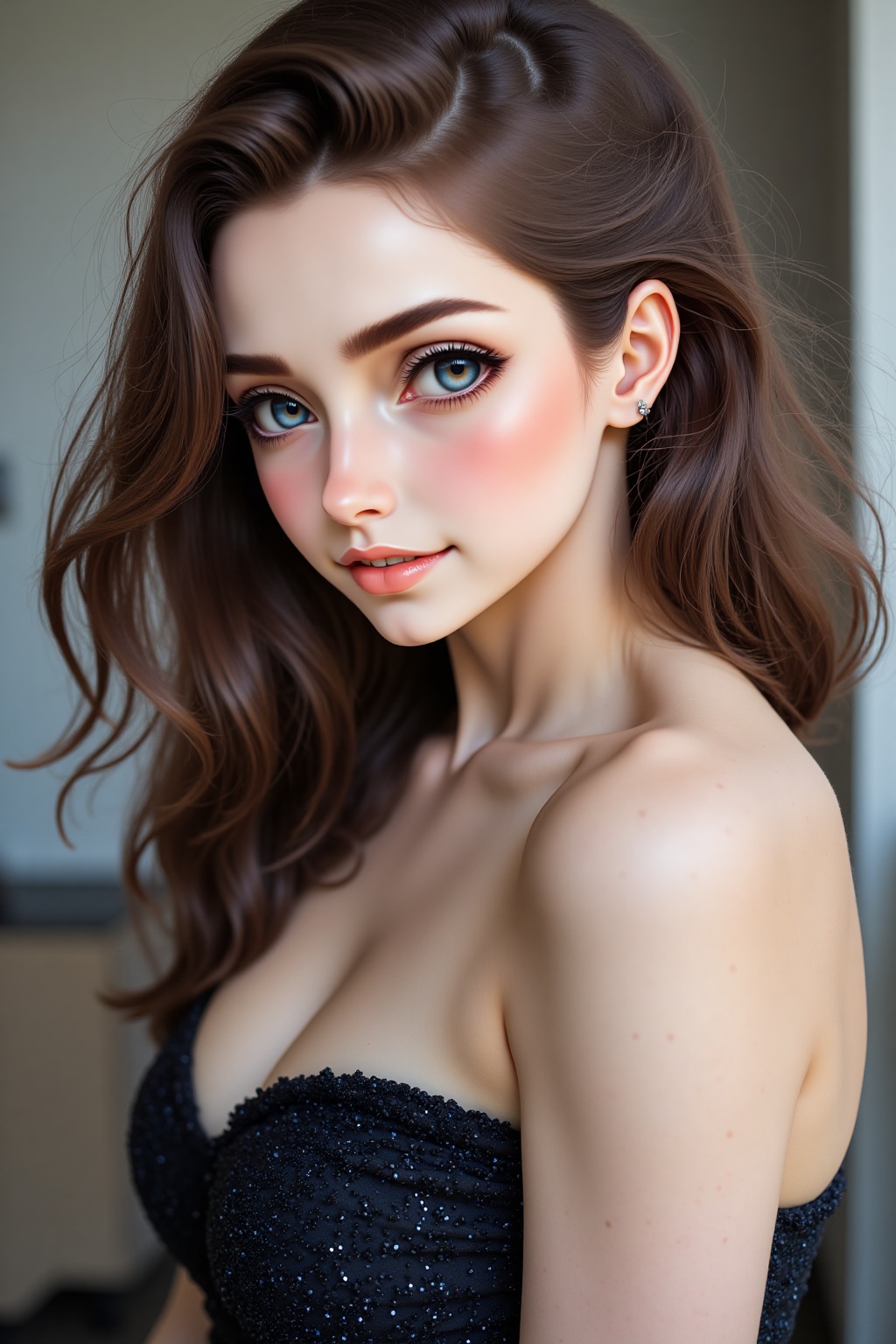 A close-up shot of a beautiful young woman with long,  wavy brown hair. She is wearing a black strapless dress with blue s...