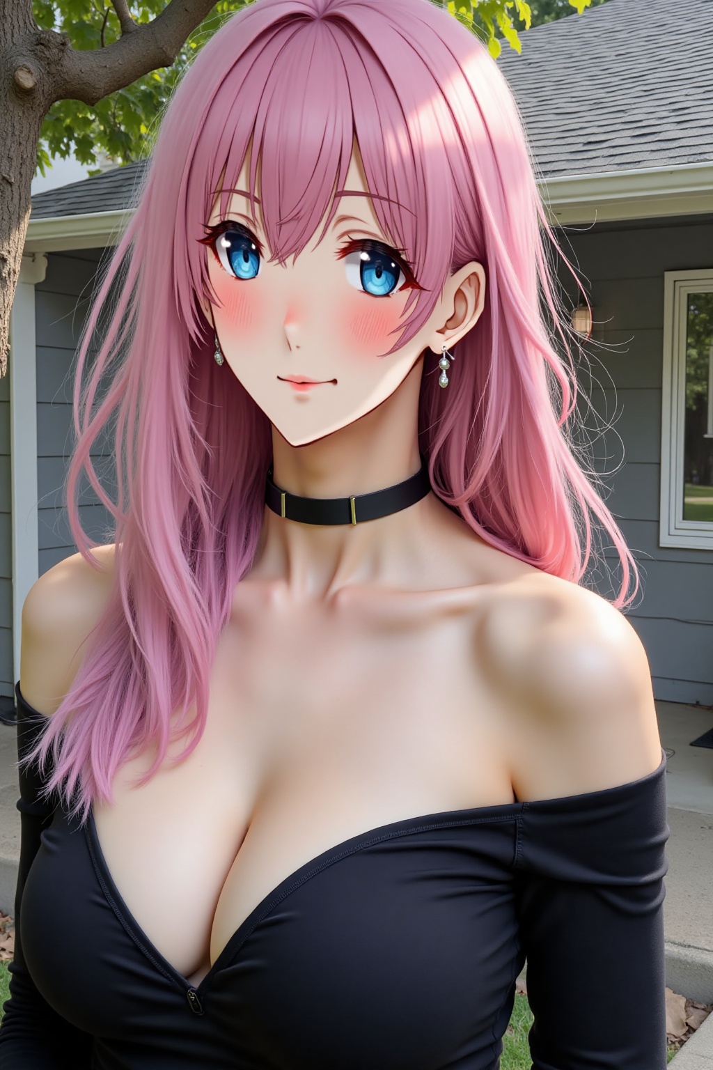 A close-up eye-level shot of a woman with long pink hair,  wearing a black dress and a black choker around her neck. She i...
