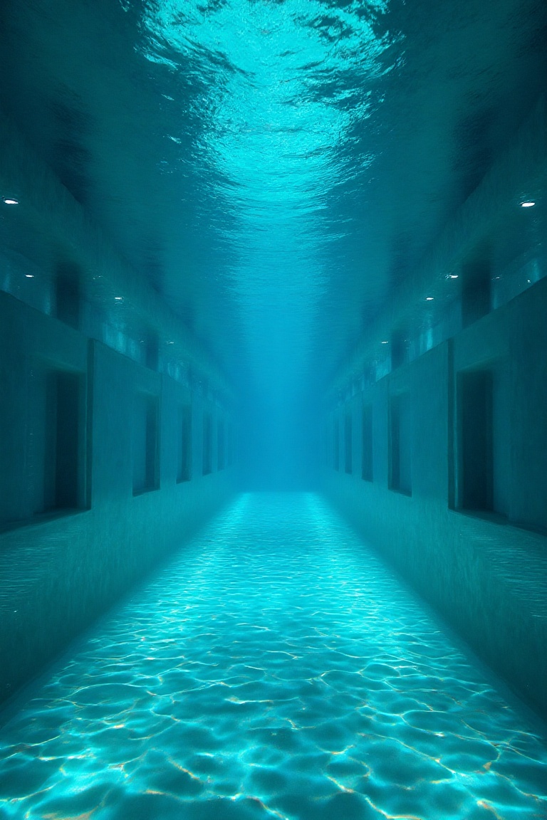 IPcT38,  photography,  a long hallway submerged under a calm ocean on Tensor.Art