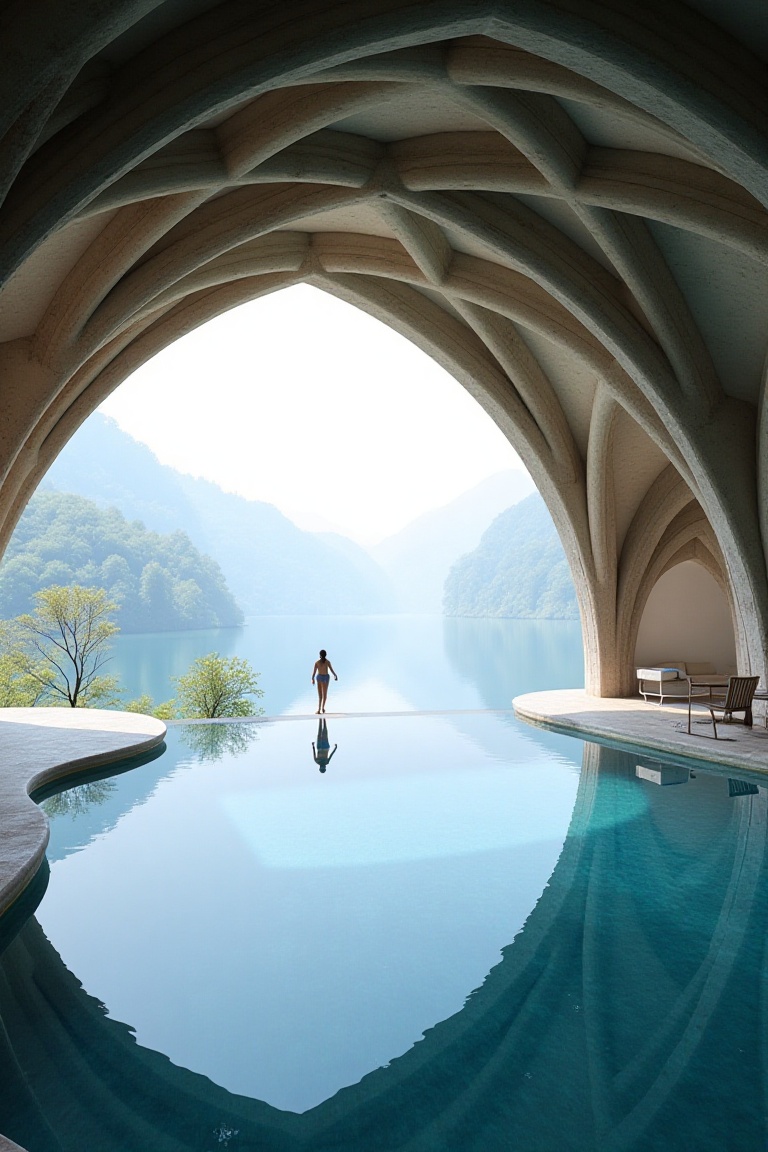 IPcT38,  A photograph of an indoor pool with gothic arches and windows,  overlooking the misty lake in summer in the style...