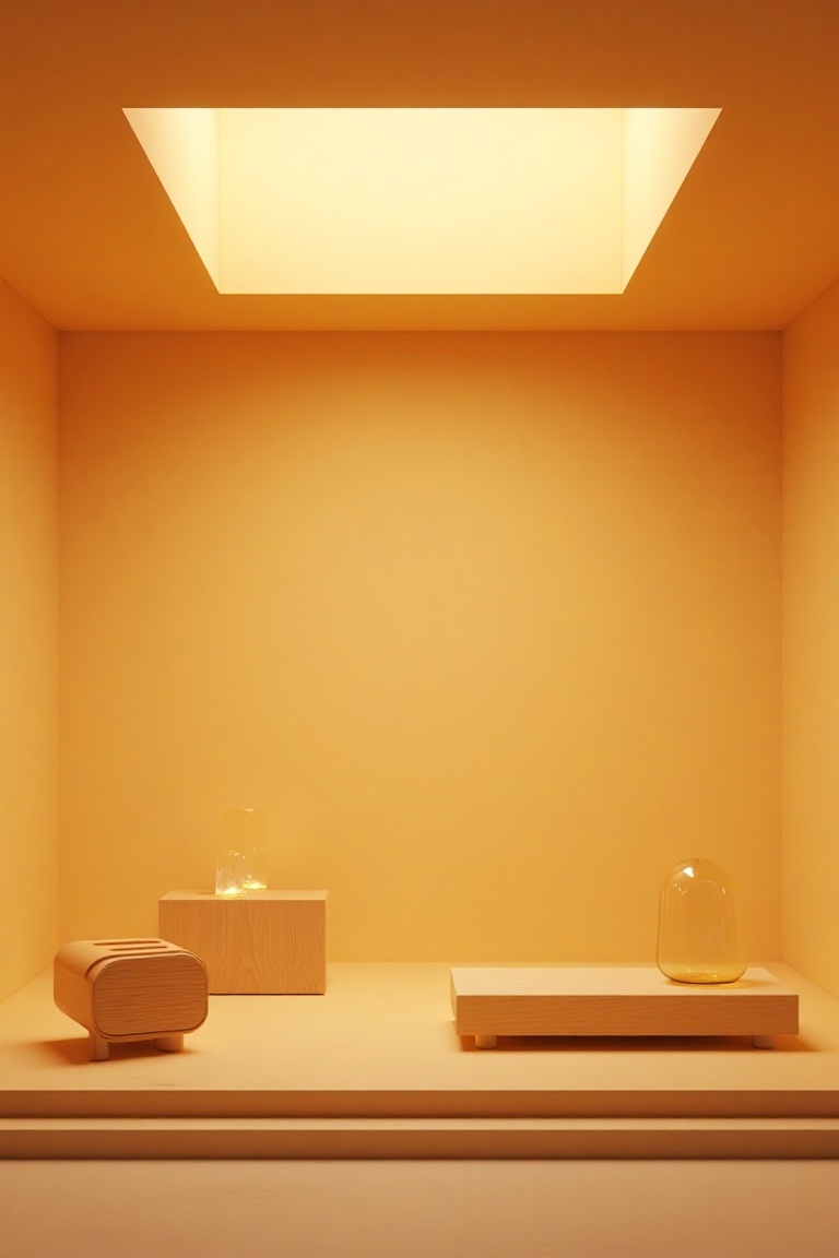IPcT38,  photography,  a minimalist interior space bathed in golden light from an expansive square light fixture overhead...
