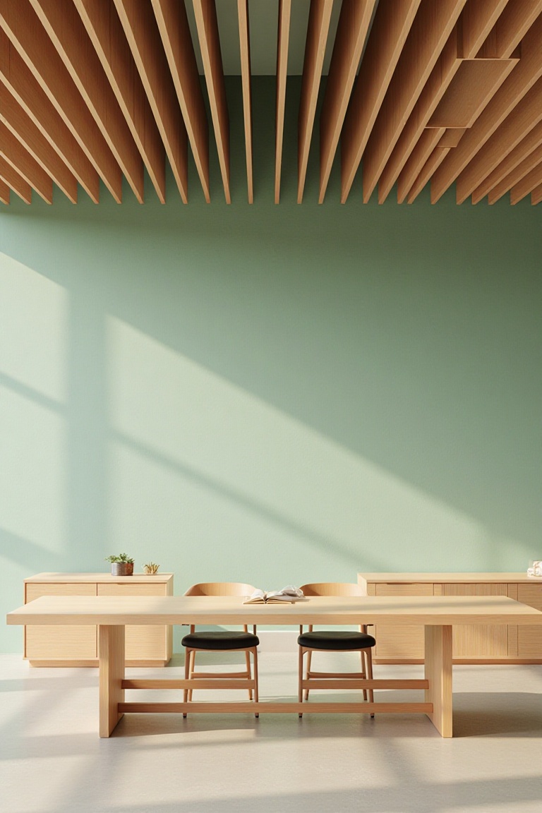IPcT38,  photorealism,  modern minimalist office meeting room interior featuring sleek wooden furniture set against a back...