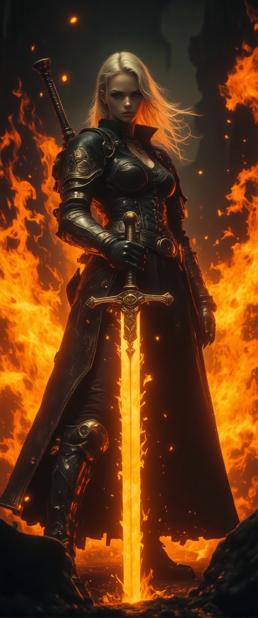 A 70mm lens photograph of a stunning Scene setting: The Valkyrie stands surrounded by flames,  wearing armor,  holding the...