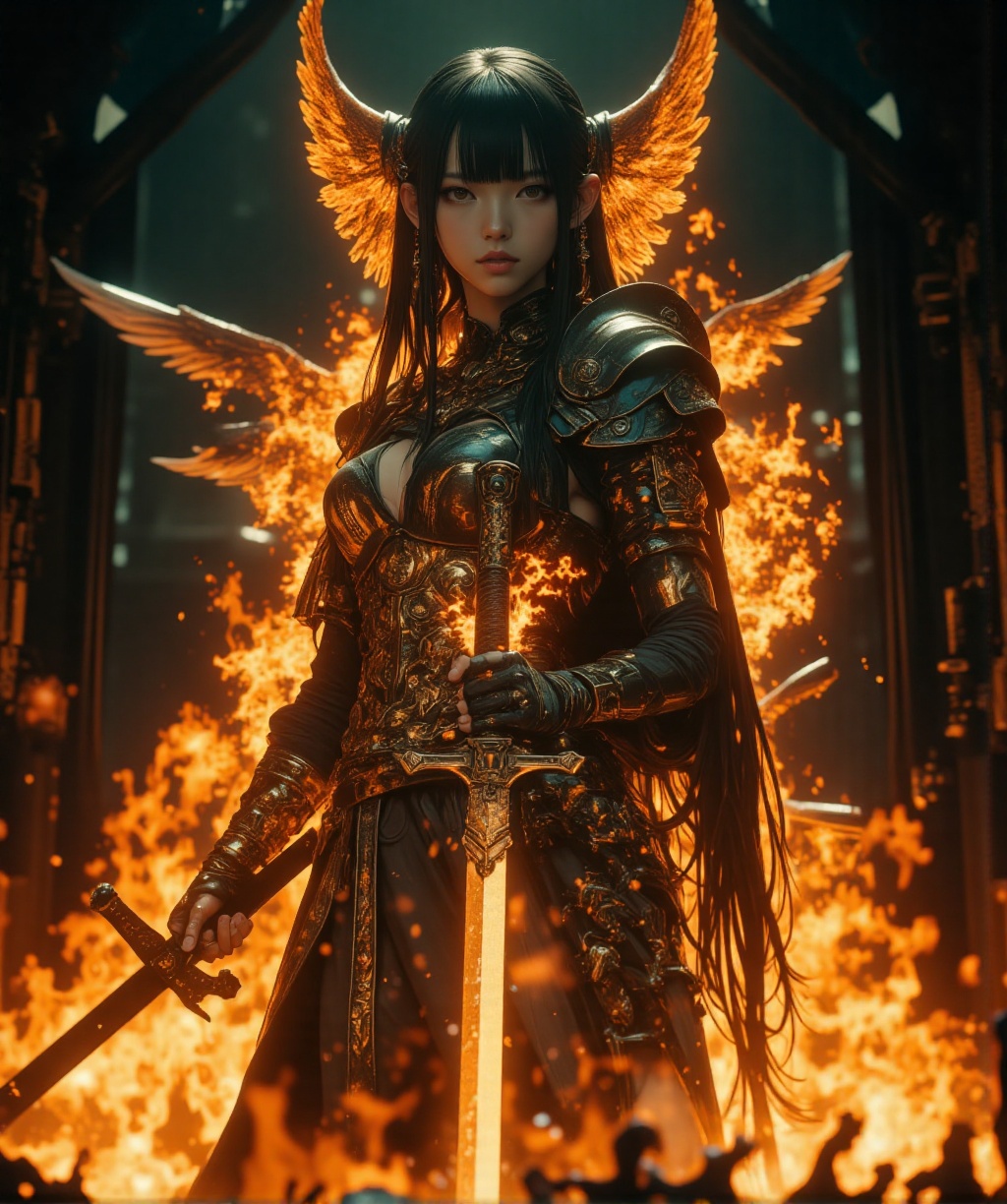 realistic,  PHOTOREALISTIC,  A 70mm lens photograph of a stunning Scene setting: The Valkyrie stands surrounded by flames...