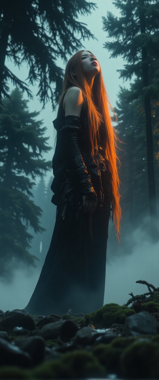 A misty,  moonlit forest scene: a statuesque Nordic goddess,  her porcelain skin glowing in the soft on Tensor.Art